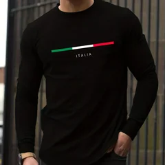 100% Pure Cotton Men's Long Sleeved Round Neck Loose ITALIA Pattern Printed Spring and Autumn Casual Versatile T-Shirt Top