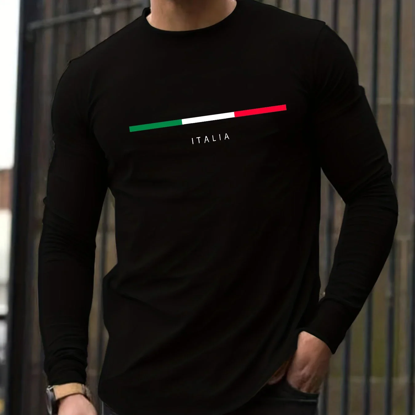 100% Pure Cotton Men's Long Sleeved Round Neck Loose ITALIA Pattern Printed Spring and Autumn Casual Versatile T-Shirt Top