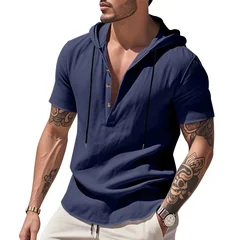Casual Linen Shirt Light Blue T Shirt Navy Blue Button Front Top White V Neck Short Sleeve Gray Loose Fit Solid Color Wrinkle
