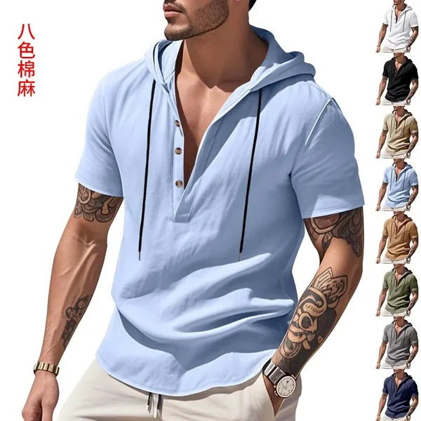 Casual Linen Shirt Light Blue T Shirt Navy Blue Button Front Top White V Neck Short Sleeve Gray Loose Fit Solid Color Wrinkle