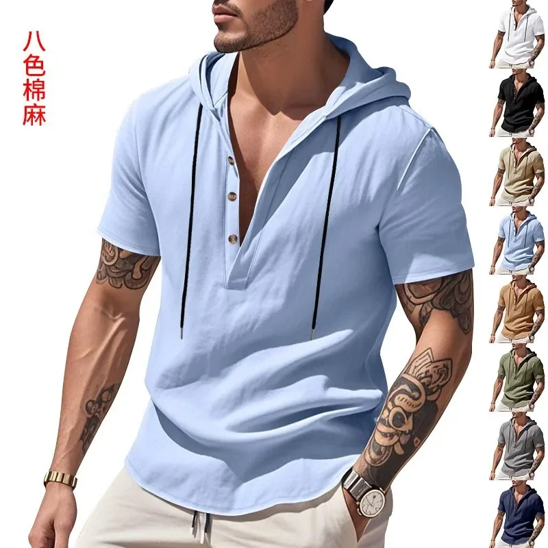 Casual Linen Shirt Light Blue T Shirt Navy Blue Button Front Top White V Neck Short Sleeve Gray Loose Fit Solid Color Wrinkle