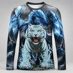 Men Blue White Tiger Dragon Print Long Sleeve Shirt Crewneck Graphic Streetwear Casual Breathable Soft Daily Fashion Premium Top