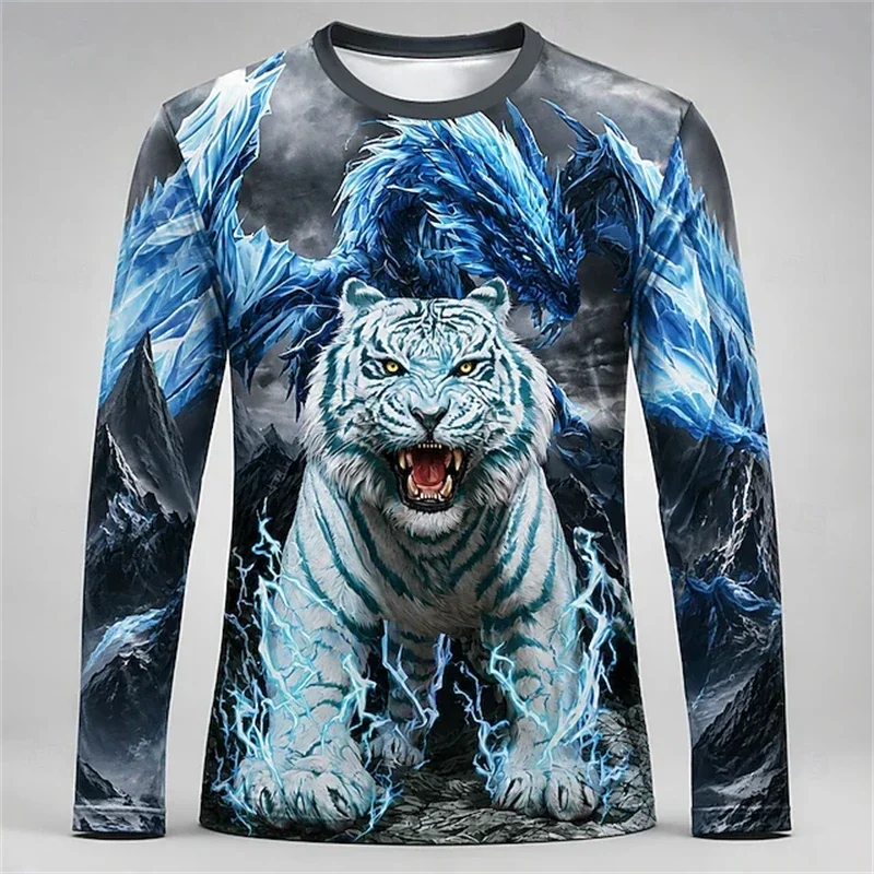 Men Blue White Tiger Dragon Print Long Sleeve Shirt Crewneck Graphic Streetwear Casual Breathable Soft Daily Fashion Premium Top