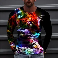 Men Blue White Tiger Dragon Print Long Sleeve Shirt Crewneck Graphic Streetwear Casual Breathable Soft Daily Fashion Premium Top