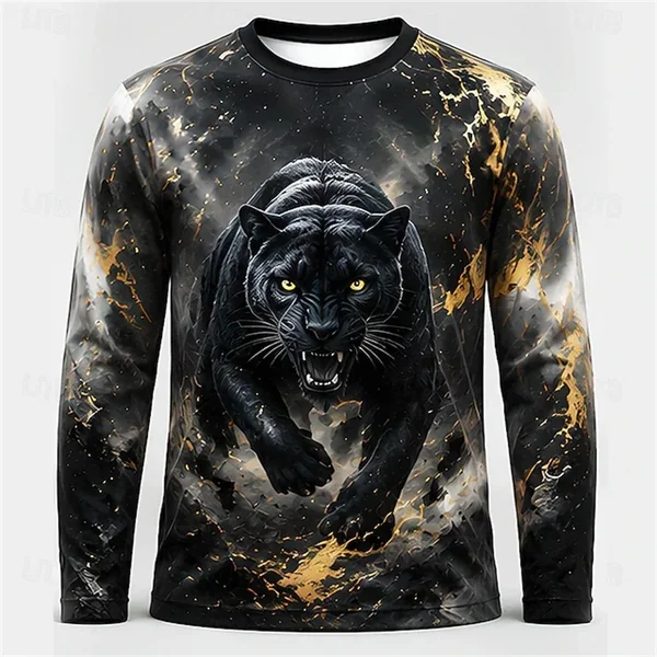 Men Blue White Tiger Dragon Print Long Sleeve Shirt Crewneck Graphic Streetwear Casual Breathable Soft Daily Fashion Premium Top