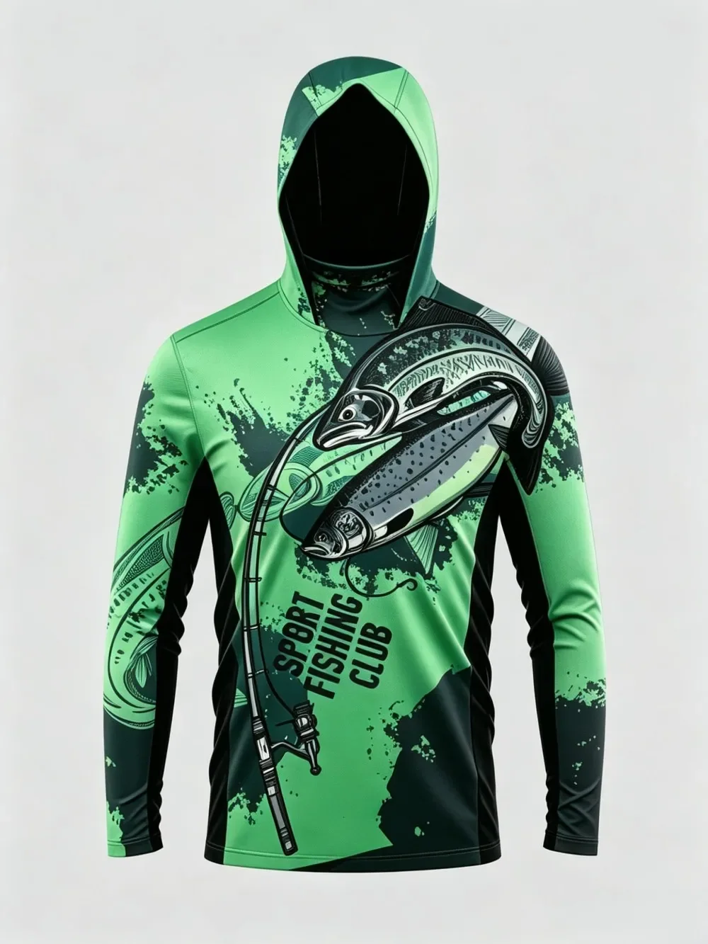UPF50+ Camo Men Long Sleeve Fishing Hoodie With Face Mask Lightweight Breathable Quick Dry Outdoor Fishing Jersey