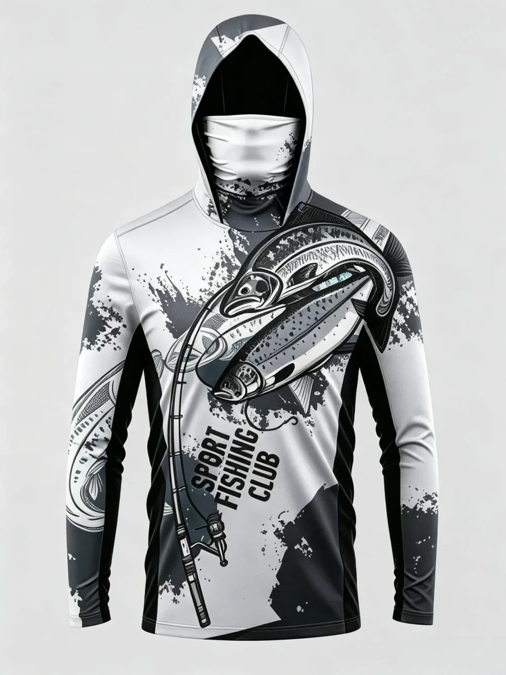 UPF50+ Camo Men Long Sleeve Fishing Hoodie With Face Mask Lightweight Breathable Quick Dry Outdoor Fishing Jersey