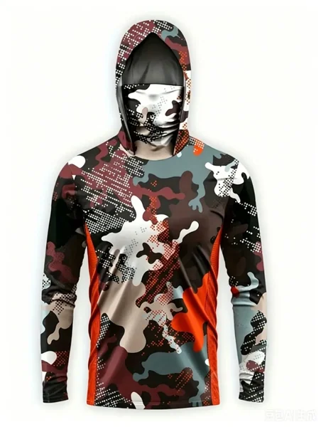 UPF50+ Camo Men Long Sleeve Fishing Hoodie With Face Mask Lightweight Breathable Quick Dry Outdoor Fishing Jersey
