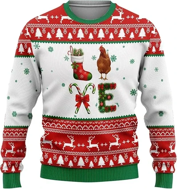 Rooster 3d Printed Ugly Christmas Sweater Cute Xmas Tree Graphic Sweatshirts Fashion for Man Jumper Sweaters Unisex Tops