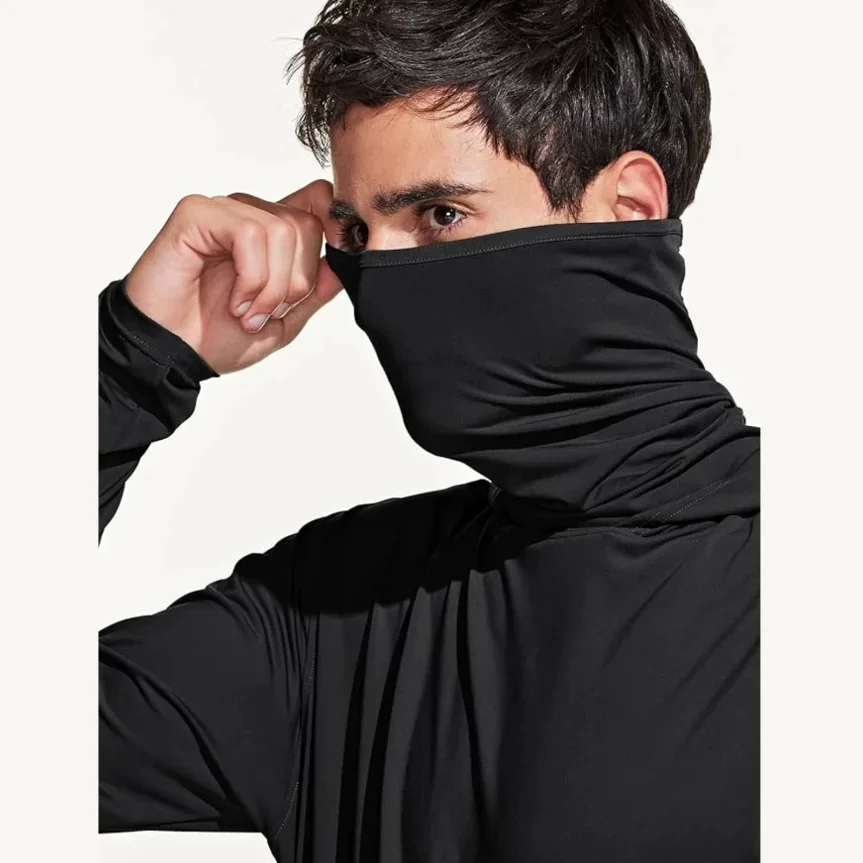 Men Solid Color Hooded Fishing Shirt Built‑in Face Mask UPF50+ UV Protection Quick Dry Long Sleeve Outdoor Sun Protection Top