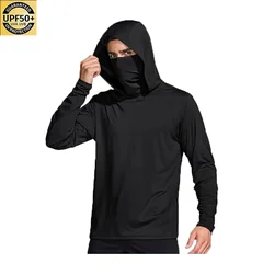 Men Solid Color Hooded Fishing Shirt Built‑in Face Mask UPF50+ UV Protection Quick Dry Long Sleeve Outdoor Sun Protection Top