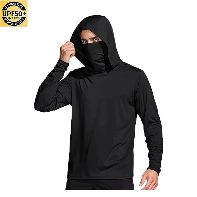 Men Solid Color Hooded Fishing Shirt Built‑in Face Mask UPF50+ UV Protection Quick Dry Long Sleeve Outdoor Sun Protection Top