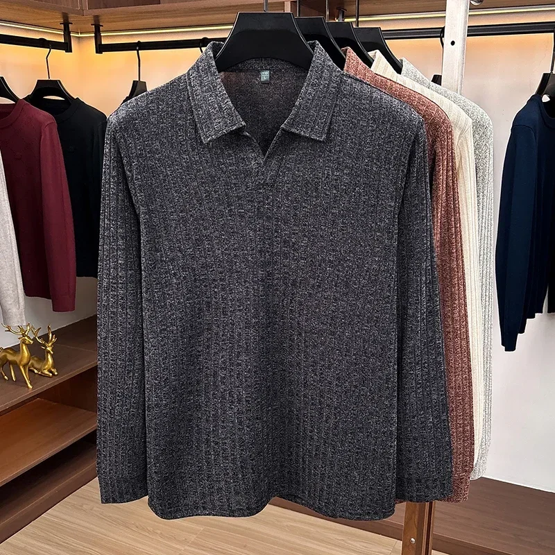 Men Polo Collar V‑Neck Knit Sweater Vertical Ribbed Texture Long Sleeve Soft Stretch Slim Fit Winter Casual Business Mens Tops