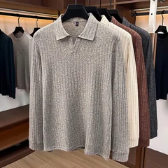 Men Polo Collar V‑Neck Knit Sweater Vertical Ribbed Texture Long Sleeve Soft Stretch Slim Fit Winter Casual Business Mens Tops