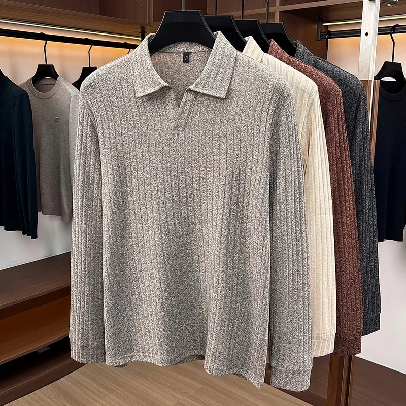 Men Polo Collar V‑Neck Knit Sweater Vertical Ribbed Texture Long Sleeve Soft Stretch Slim Fit Winter Casual Business Mens Tops