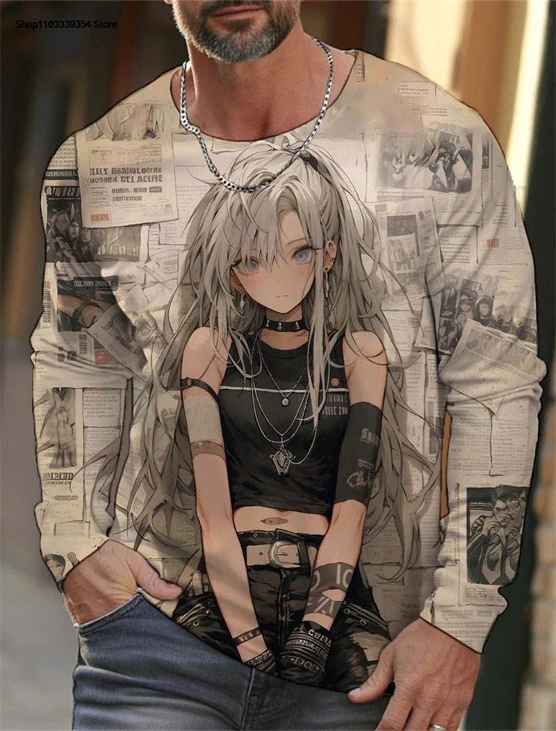 Trendy Anime Girl Graphic T Shirts Fashion Autumn Streetwear Hip Hop 3D Printed Long Sleeve T-shirts Cool Oversized Unisex Tees