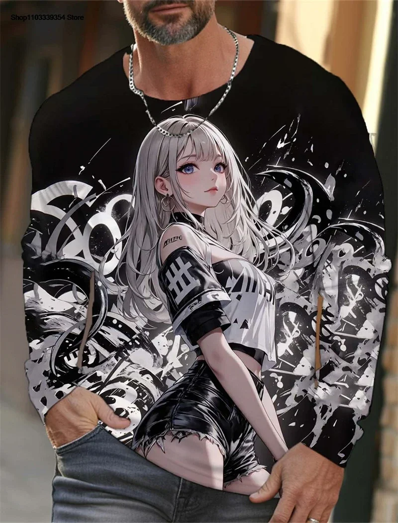 Trendy Anime Girl Graphic T Shirts Fashion Autumn Streetwear Hip Hop 3D Printed Long Sleeve T-shirts Cool Oversized Unisex Tees