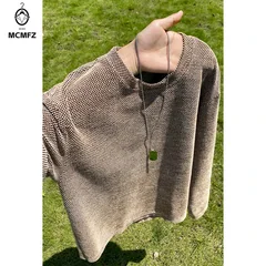 Mens Gradient Washed Textured Knit Top Crew Neck Long Sleeve Loose Fit For Youth Daily Street And Travel Matching