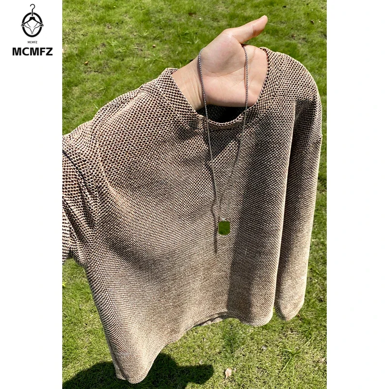 Mens Gradient Washed Textured Knit Top Crew Neck Long Sleeve Loose Fit For Youth Daily Street And Travel Matching