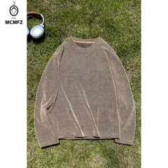 Mens Gradient Washed Textured Knit Top Crew Neck Long Sleeve Loose Fit For Youth Daily Street And Travel Matching