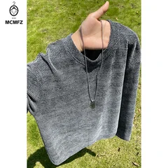 Mens Gradient Washed Textured Knit Top Crew Neck Long Sleeve Loose Fit For Youth Daily Street And Travel Matching