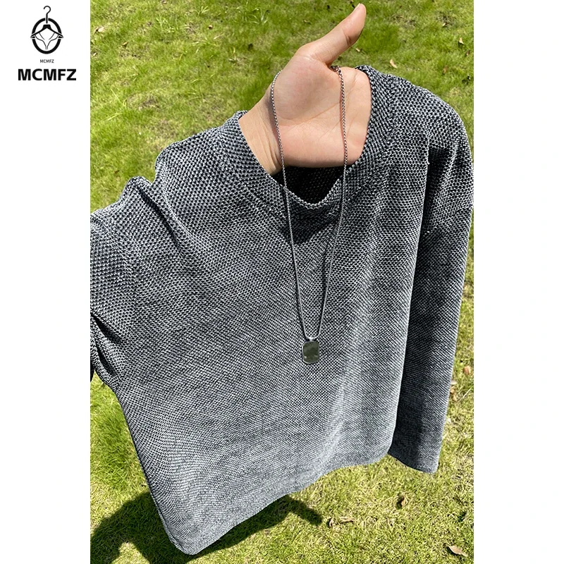 Mens Gradient Washed Textured Knit Top Crew Neck Long Sleeve Loose Fit For Youth Daily Street And Travel Matching