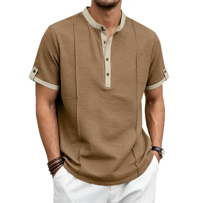 Men Vintage Textured Henley Short Sleeve Shirt Heavy Fabric Casual Commute Vacation Tee