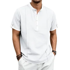 Men Vintage Textured Henley Short Sleeve Shirt Heavy Fabric Casual Commute Vacation Tee