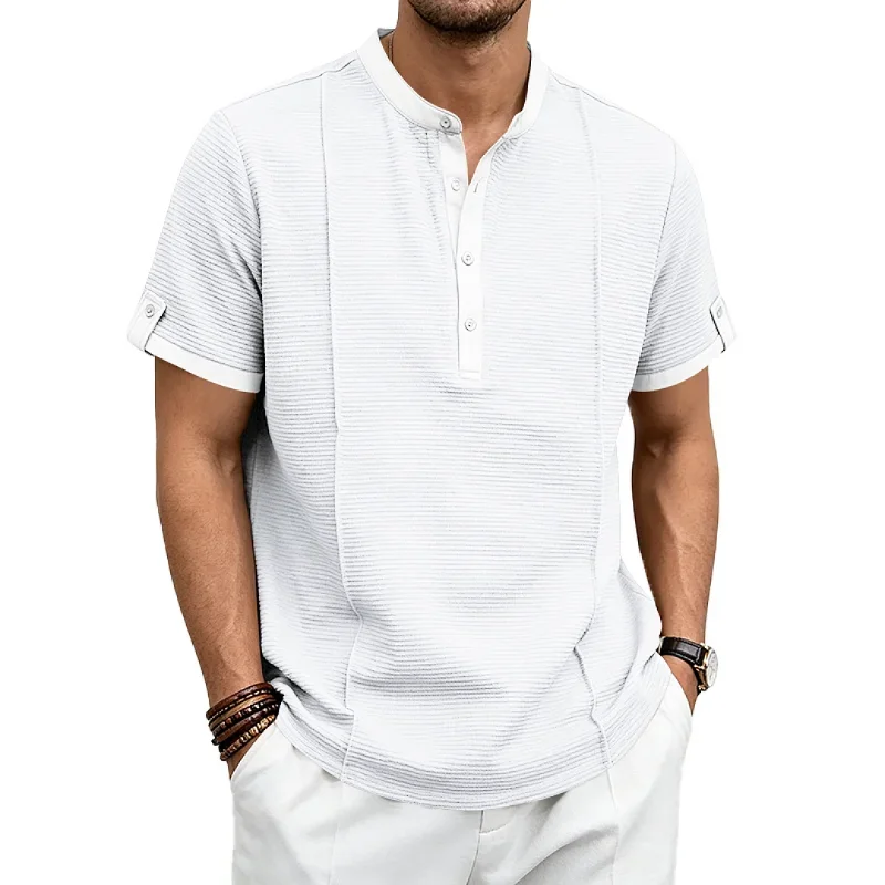 Men Vintage Textured Henley Short Sleeve Shirt Heavy Fabric Casual Commute Vacation Tee