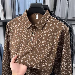 Men Slim Fit Long Sleeve Floral Polo Lapel Collar Button Front Soft Smooth Fabric Daily Vacation Casual Wear Shirts