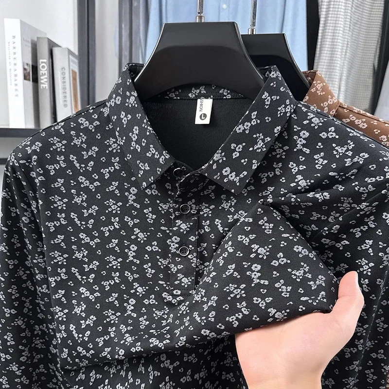 Men Slim Fit Long Sleeve Floral Polo Lapel Collar Button Front Soft Smooth Fabric Daily Vacation Casual Wear Shirts