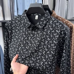 Men Slim Fit Long Sleeve Floral Polo Lapel Collar Button Front Soft Smooth Fabric Daily Vacation Casual Wear Shirts