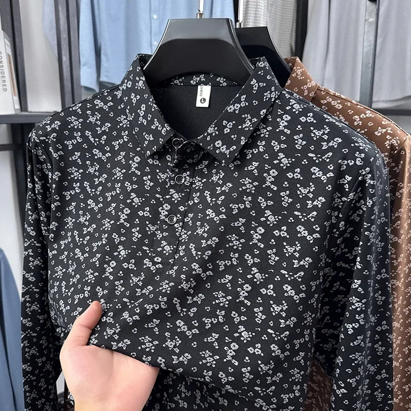 Men Slim Fit Long Sleeve Floral Polo Lapel Collar Button Front Soft Smooth Fabric Daily Vacation Casual Wear Shirts