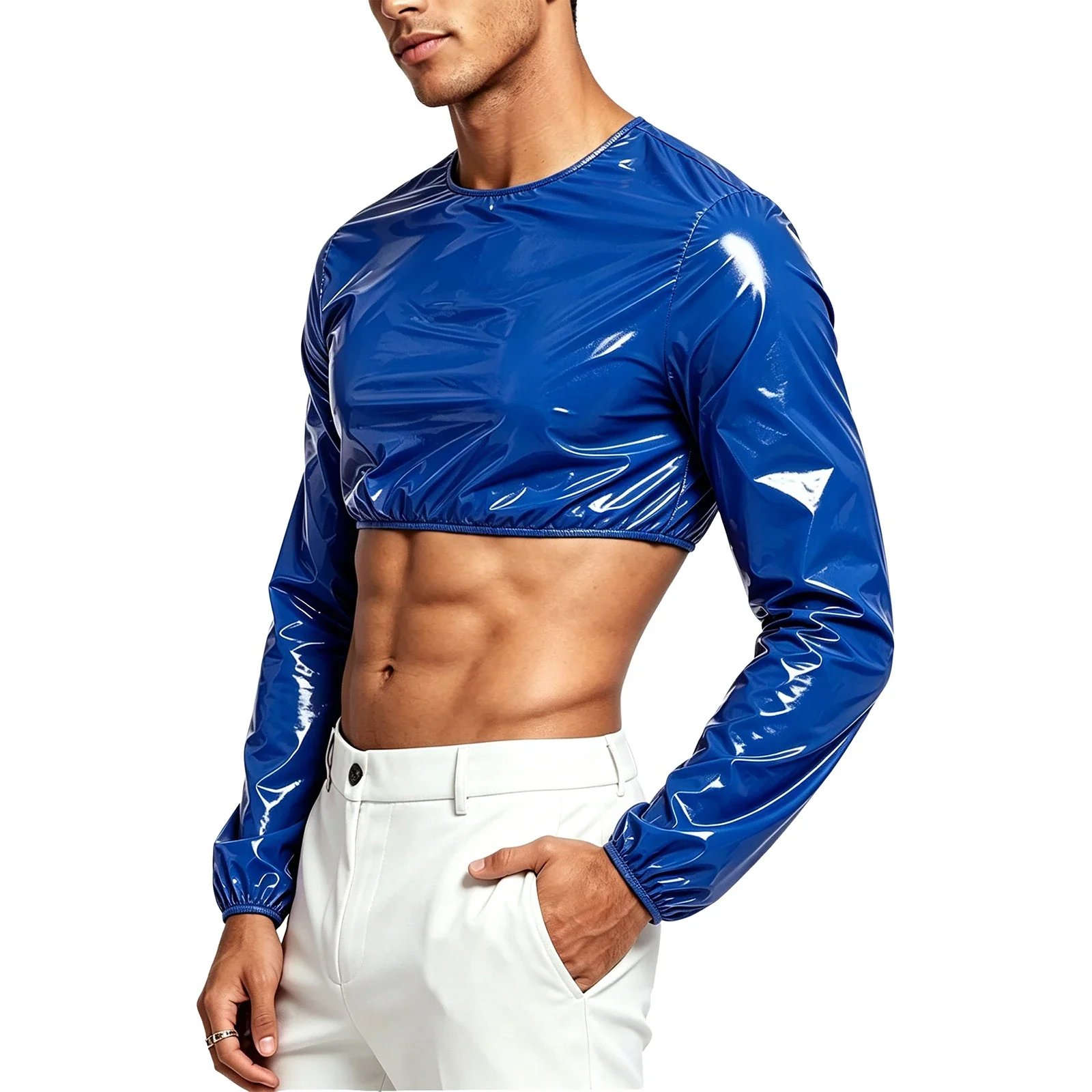 Mens Waterproof Glossy Crop Top Clubwear Crew Neck Long Sleeve Back Zipper T-shirt Crop Sweat Tops for Nightclub Rave Party