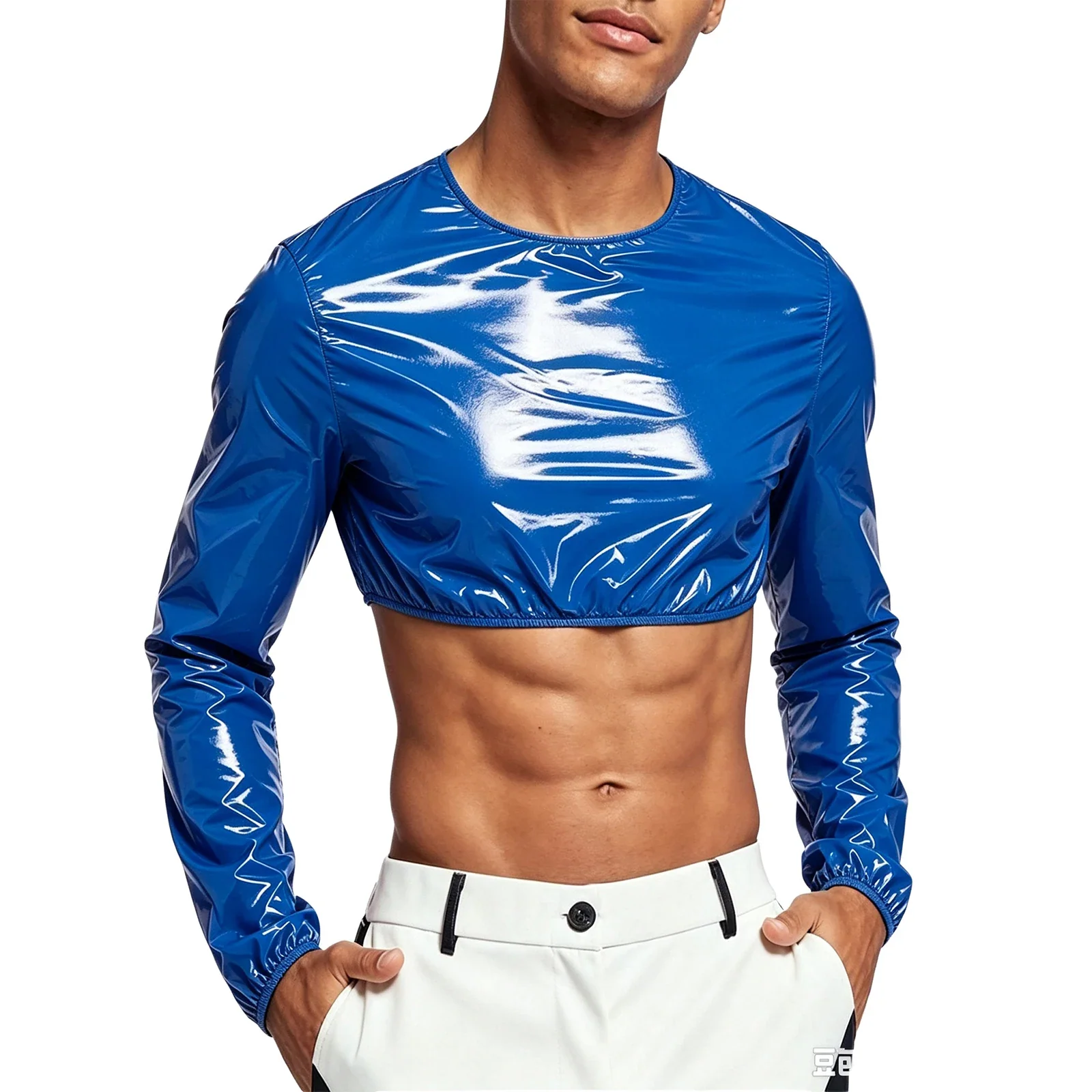 Mens Waterproof Glossy Crop Top Clubwear Crew Neck Long Sleeve Back Zipper T-shirt Crop Sweat Tops for Nightclub Rave Party