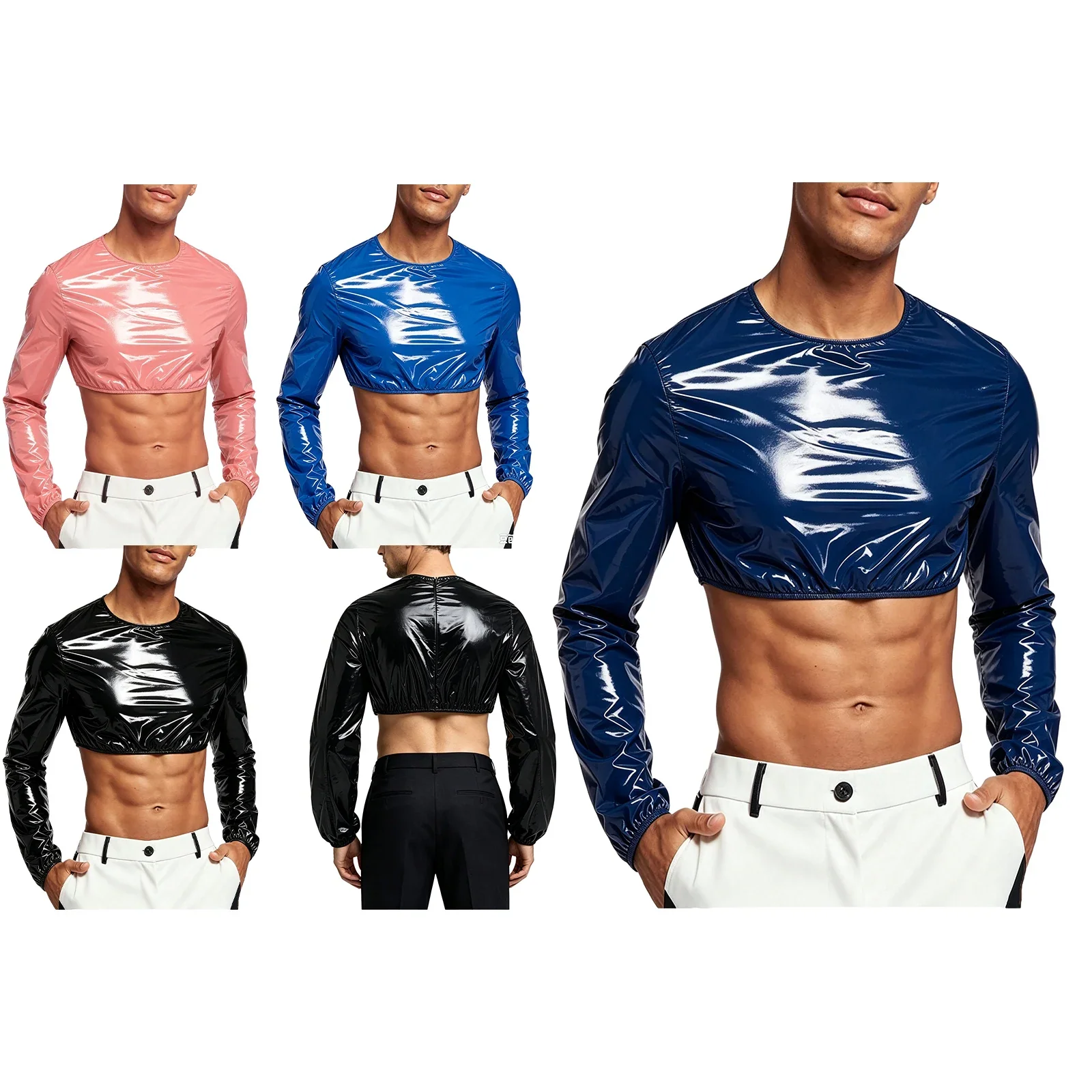 Mens Waterproof Glossy Crop Top Clubwear Crew Neck Long Sleeve Back Zipper T-shirt Crop Sweat Tops for Nightclub Rave Party