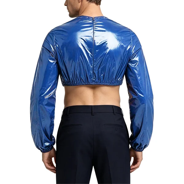 Mens Waterproof Glossy Crop Top Clubwear Crew Neck Long Sleeve Back Zipper T-shirt Crop Sweat Tops for Nightclub Rave Party