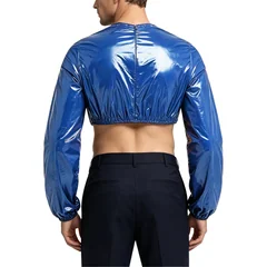 Mens Waterproof Glossy Crop Top Clubwear Crew Neck Long Sleeve Back Zipper T-shirt Crop Sweat Tops for Nightclub Rave Party
