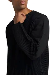Miyake Men's Pleated T-Shirt Long Sleeve Henley Neck Casual Top
