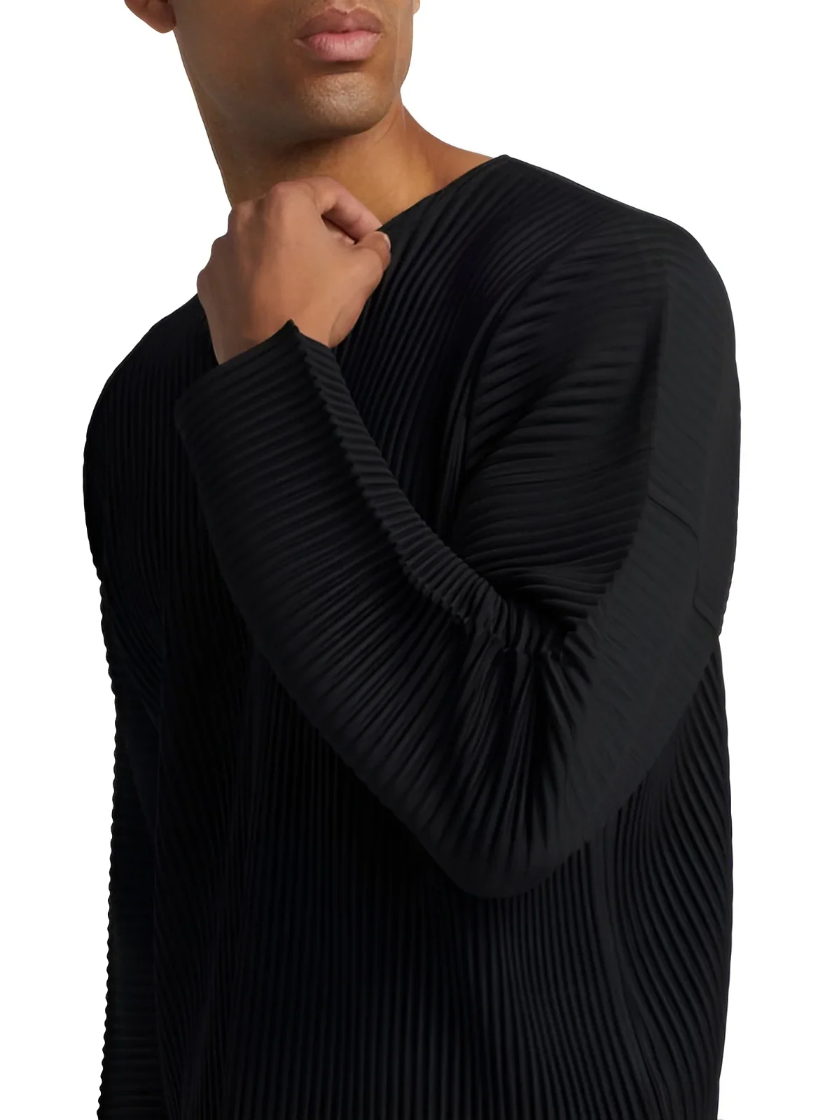 Miyake Men's Pleated T-Shirt Long Sleeve Henley Neck Casual Top