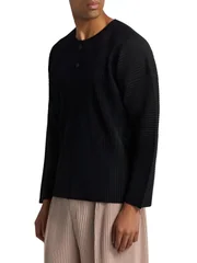 Miyake Men's Pleated T-Shirt Long Sleeve Henley Neck Casual Top
