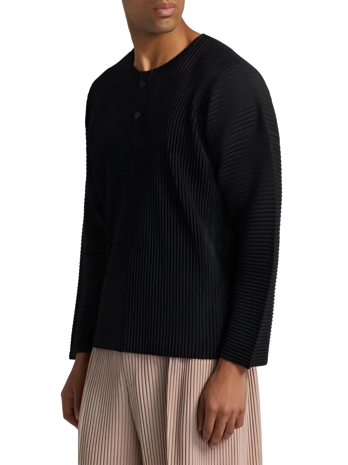 Miyake Men's Pleated T-Shirt Long Sleeve Henley Neck Casual Top