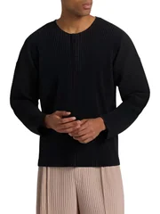 Miyake Men's Pleated T-Shirt Long Sleeve Henley Neck Casual Top