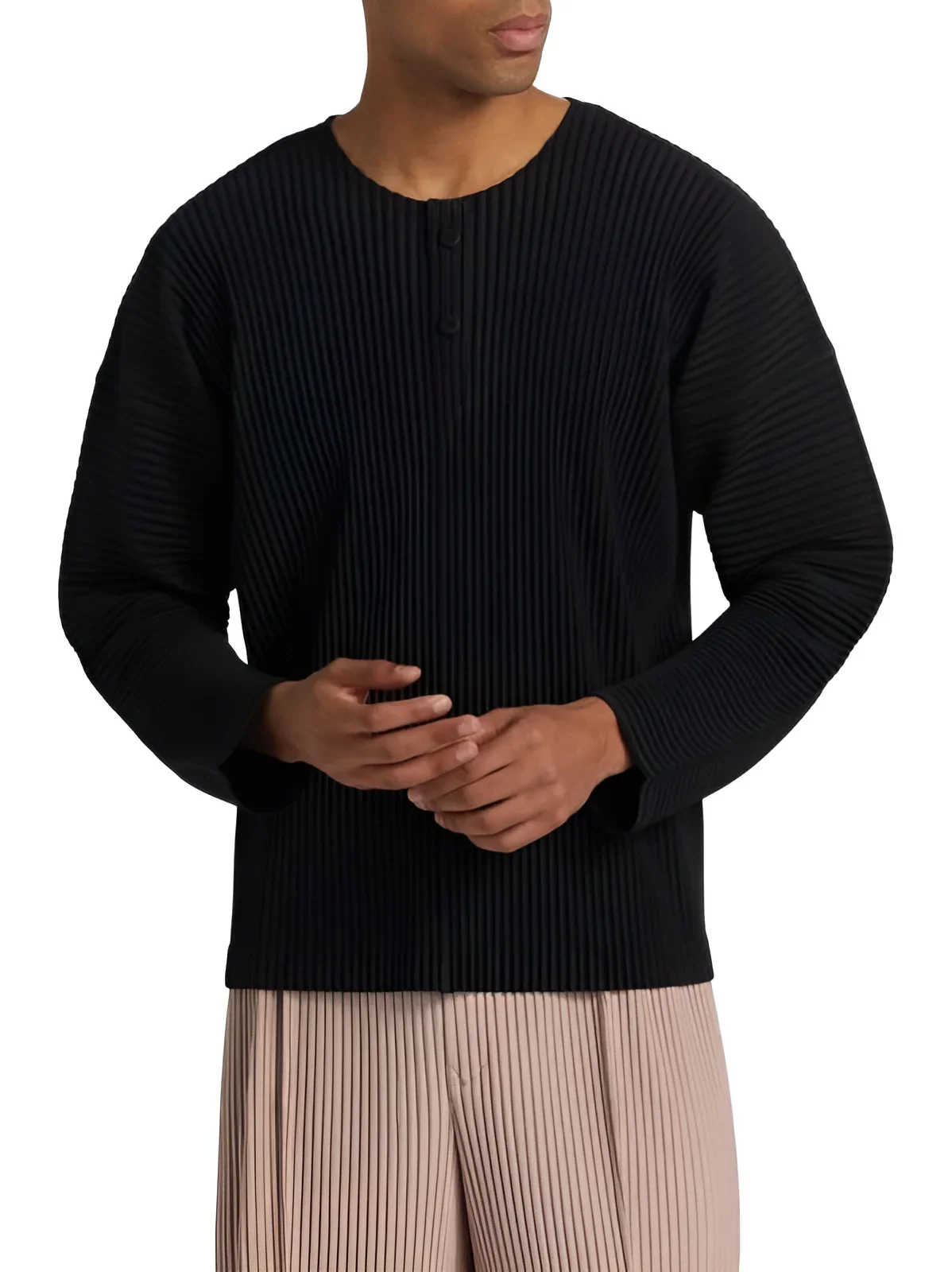 Miyake Men's Pleated T-Shirt Long Sleeve Henley Neck Casual Top