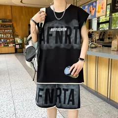Men's Casual Summer Set Oversized Tank Top Shorts for Teen Boys Breathable Plus Size Two Piece Outfit