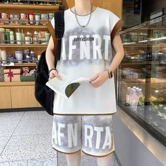 Men's Casual Summer Set Oversized Tank Top Shorts for Teen Boys Breathable Plus Size Two Piece Outfit