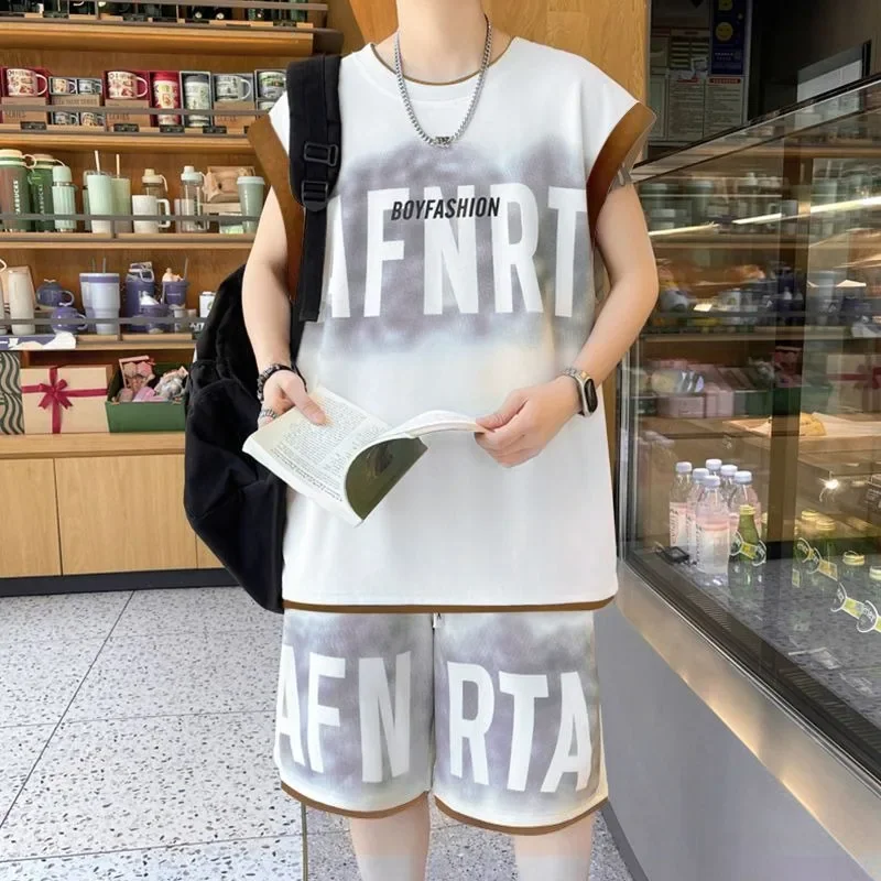 Men's Casual Summer Set Oversized Tank Top Shorts for Teen Boys Breathable Plus Size Two Piece Outfit