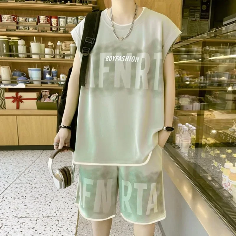 Men's Casual Summer Set Oversized Tank Top Shorts for Teen Boys Breathable Plus Size Two Piece Outfit