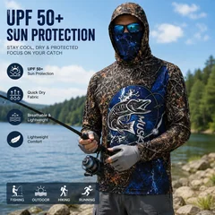 Camisa de Pesca con Capucha de Manga Larga para Hombre, Protección UV - Camiseta de Pesca Transpirable para Aventuras de Pesca