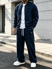 Men 2 Piece Sets Retro Streetwear Tracksuit, Zip-Up Jacket & Wide Leg Sweatpants, Casual Soft Fabric Sweat Suit Outfit